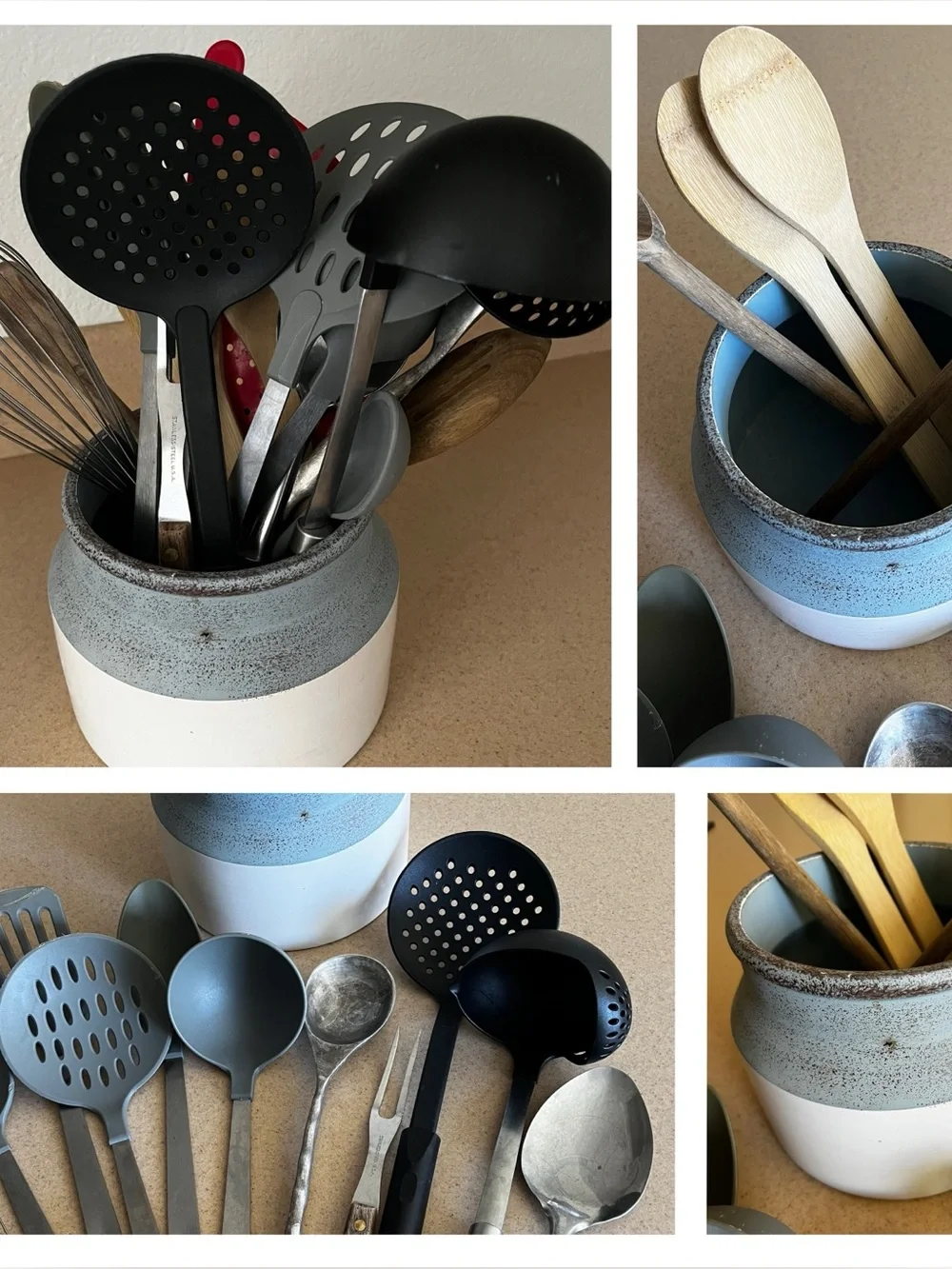 Ceramic Utensil Holder in Blue and White and Cooking and Serving Utensils